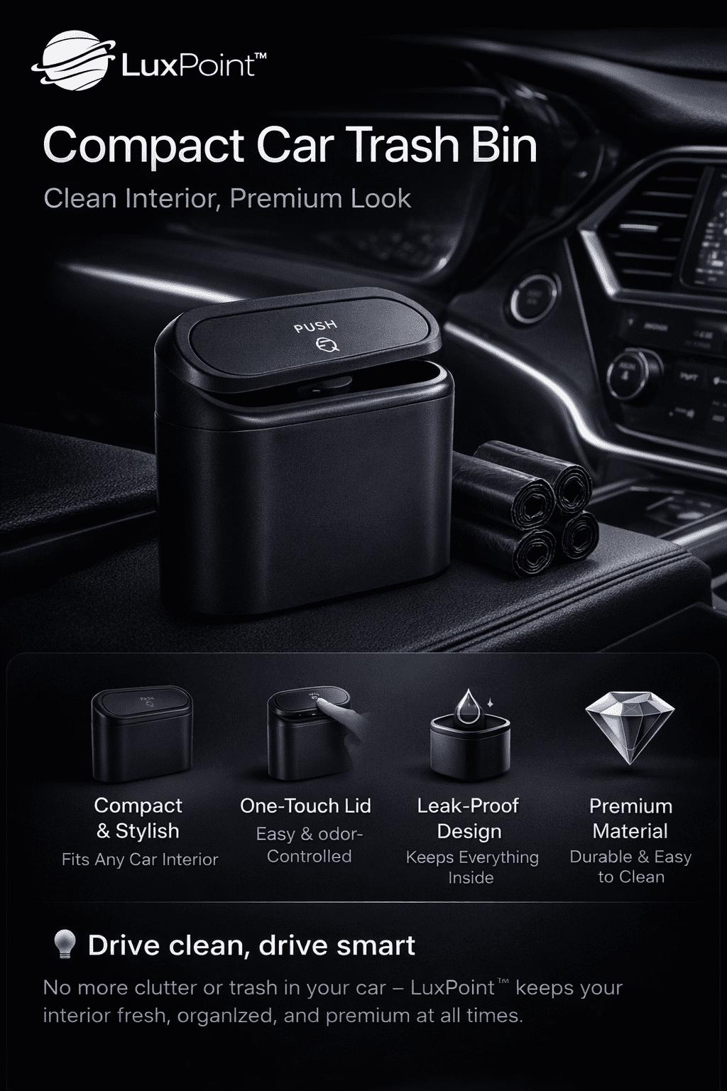 LuxPoint™ Compact Car Trash Bin